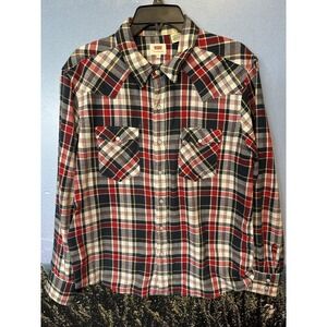 NEW MEN'S XL LEVI'S CLASSIC WESTERN‎ RED Black PLAID COWBOY SHIRT PEARL SNAPS